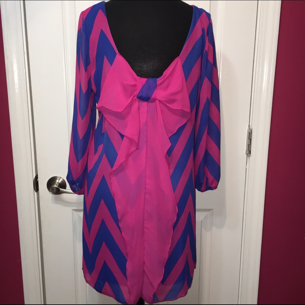 Bow Back PINK & Blue Chevron Shift Dress M 4 6 Lightweight